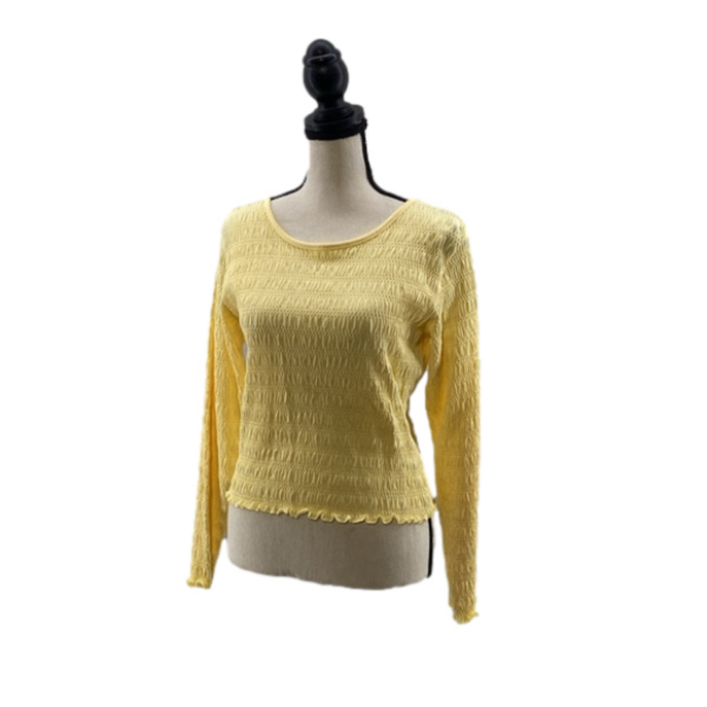 CHRISTOPHER & BANKS Canary Yellow Long Sleeve Scoop Neck Shirred Crop Top—Small